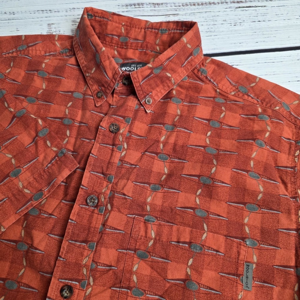 Woolrich Men Large Button Down Shirt  Cotton Short Sleeve Orange Brick Red Kayak